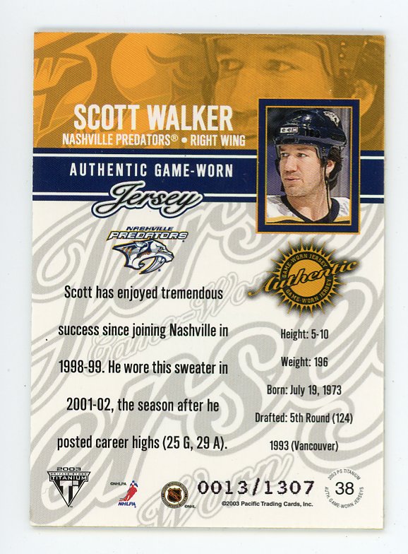 2003 Scott Walker Authentic Game Worn #D /1307 Private Stock Titanium Nashville Predators # 38