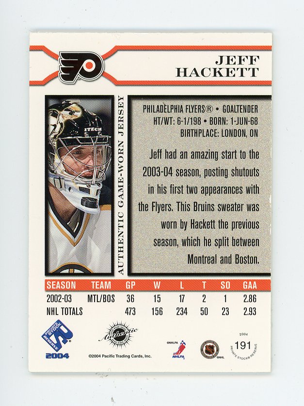 2004 Jeff Hackett Sweater Worn #D /1000 Pacific Philadelphia Flyers # 191