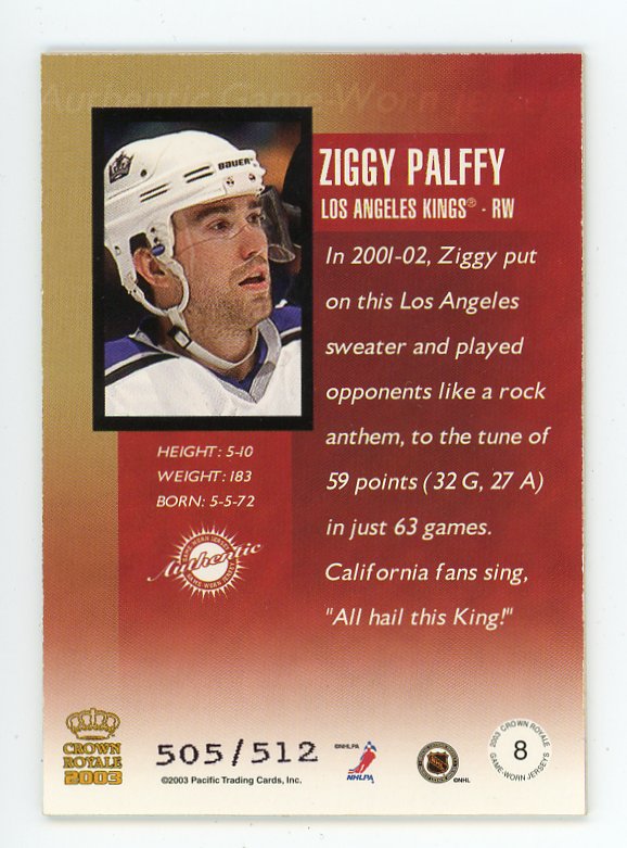 2003 Ziggy Palffy Authentic Game Worn Jersey #D /512 Crown Royale Los Angeles Kings # 8