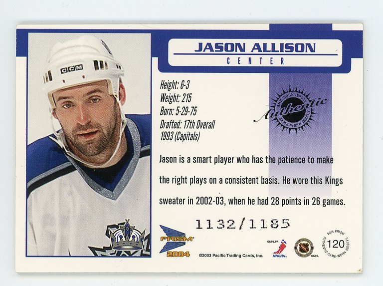 2004 Jason Allison Authentic Game Worn Jersey #D /1185 Prism Los Angeles Kings # 120
