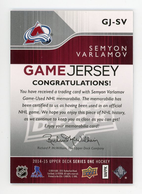 2014-2015 Semyon Varlamov Game Jersey Upper Deck Colorado Avalanche # GJ-SV