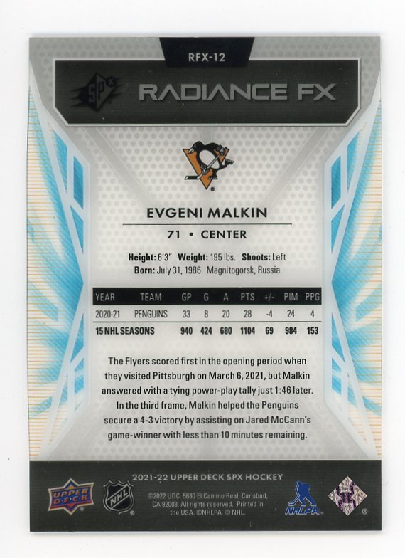 2021-2022 Evgeni Malkin Radiance FX #D /25 SPX Pittsburgh Penguins # RFX-12
