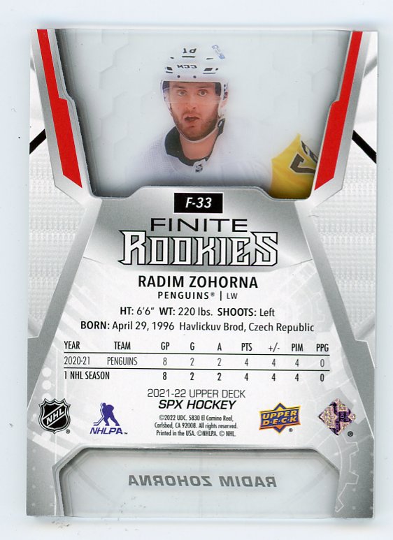 2021-2022 Radim Zohorna Finite Rookies #D /399 SPX Pittsburgh Penguins # F-33