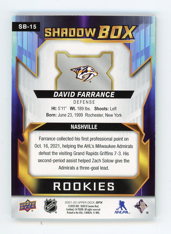 2021-2022 David Farrance Shadowbox Rookies SPX Nashville Predators # SB-15