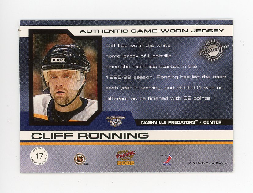 2002 Cliff Ronning Authentic Game Worn Jersey #D /510 Pacific Nashville Predators # 17