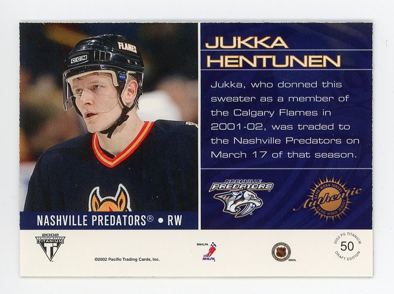 2002 Jukka Hentunen Authentic Game Worn Jersey Private Stock Nashville Predators # 50