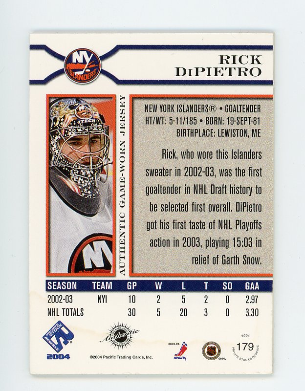 2004 Rick Dipietro Authentic Game Worn #D /900 Private Stock New York Islanders # 179