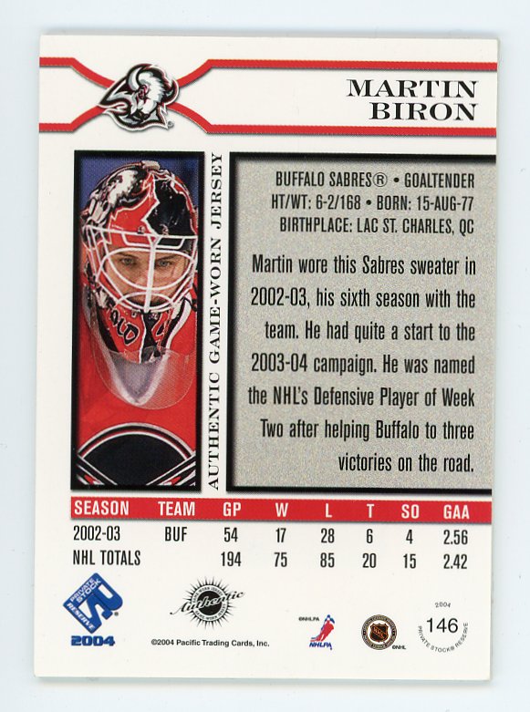 2004 Martin Biron Authentic Game Worn #D /300 Private Stock Buffalo Sabres # 146