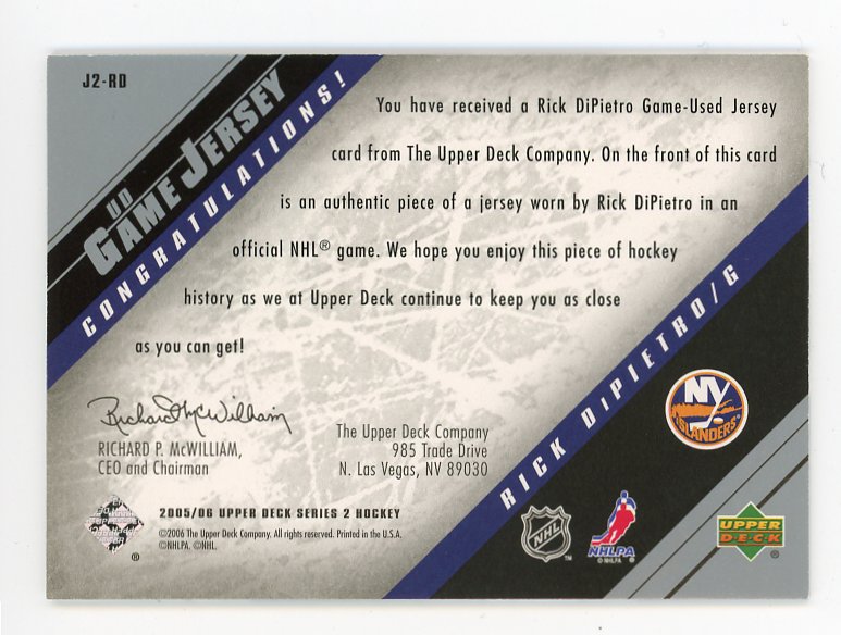 2005-2006 Rick Dipietro UD Game Jersey Upper Deck New York Islanders # J2-RD