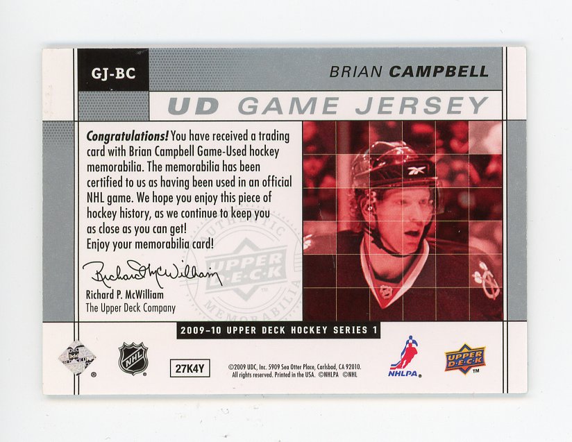 2009-2010 Brian Campbell UD Game Jersey Upper Deck Chicago Blackhawks # GJ-BC