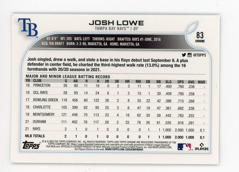 2022 Josh Lowe Rookie Topps Chrome Tampa Bay Rays # 83