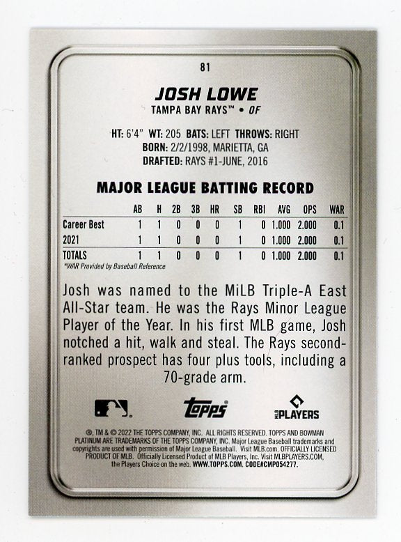 2022 Josh Lowe Rookie Bowman Platinum Tampa Bay Rays # 81