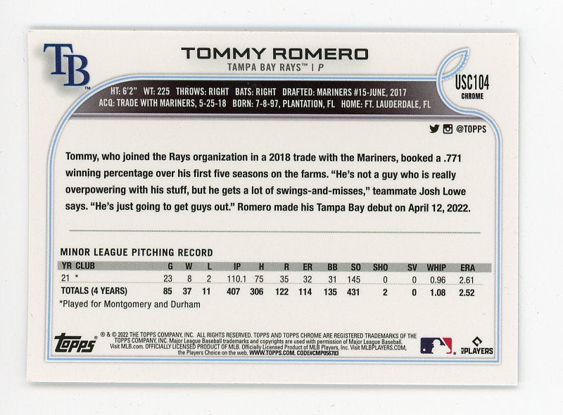 2022 Tommy Romero Rookie Topps Chrome Tampa Bay Rays # USC104