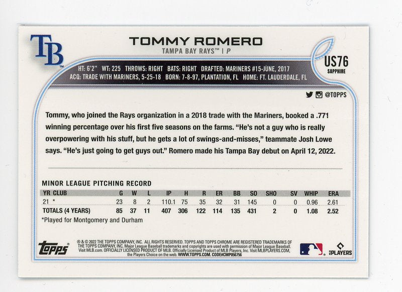 2022 Tommy Romero Rookie Sapphire Topps Chrome Tampa Bay Rays # US76