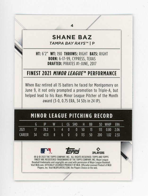 2022 Shane Baz Rookie Topps Finest Tampa Bay Rays # 4