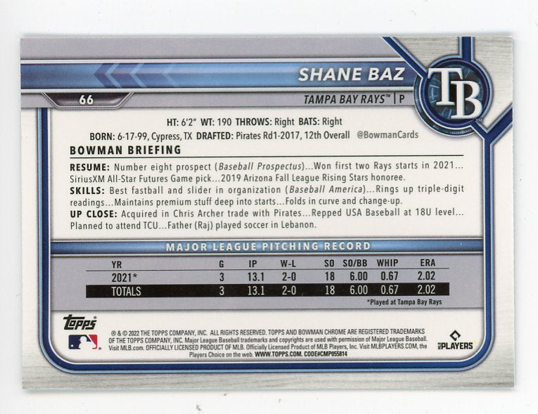 2022 Shane Baz Rookie Bowman Chrome Tampa Bay Rays # 66