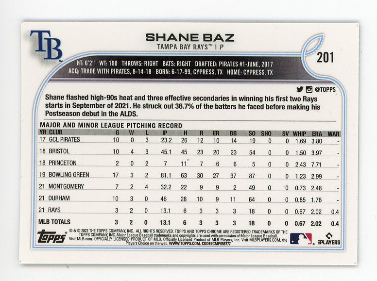 2022 Shane Baz Rookie Black Topps Chrome Tampa Bay Rays # 201