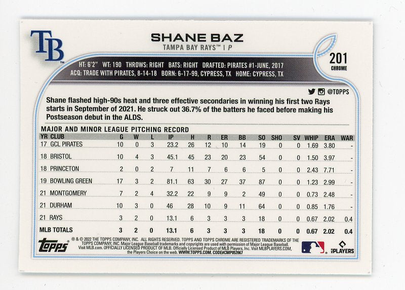 2022 Shane Baz Rookie Topps Chrome Tampa Bay Rays # 201