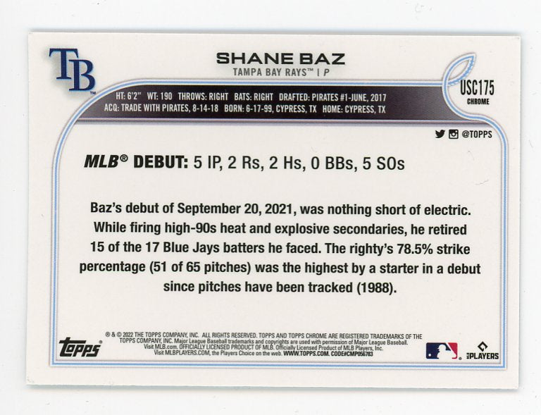 2022 Shane Baz Rookie Debut Topps Chrome Tampa Bay Rays # USC175