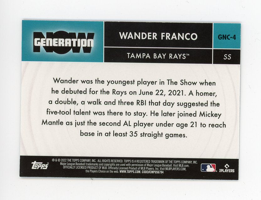2022 Wander Franco Generation Now Rookie Topps Chrome Tampa Bay Rays # GNC-4