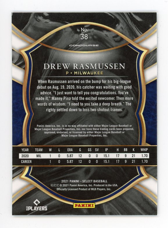 2021 Drew Rasmussen Rookie Concourse Select Milwaukee Brewers # 38