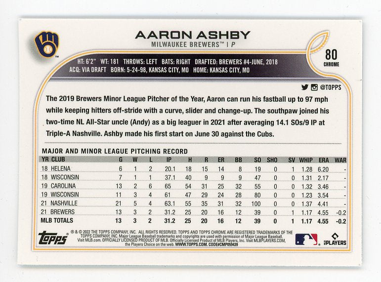 2022 Aaron Ashby Rookie Topps Chrome Milwaukee Brewers # 80