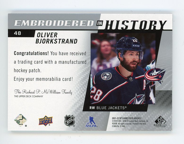 2021-2022 Oliver Bjorkstrand Embroidered In History SP Game Used Columbus Blue Jackets #48