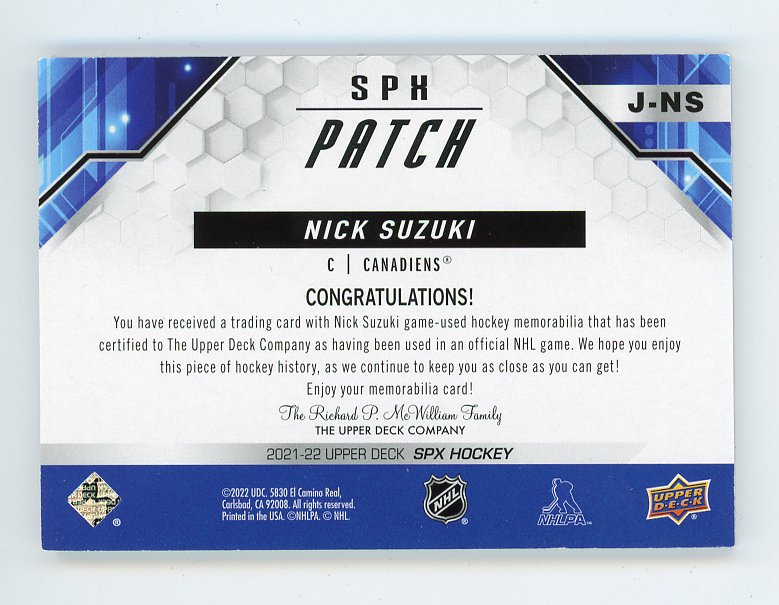 2021-2022 Nick Suzuki Patch #D /25 SPX Montreal Canadiens # J-NS