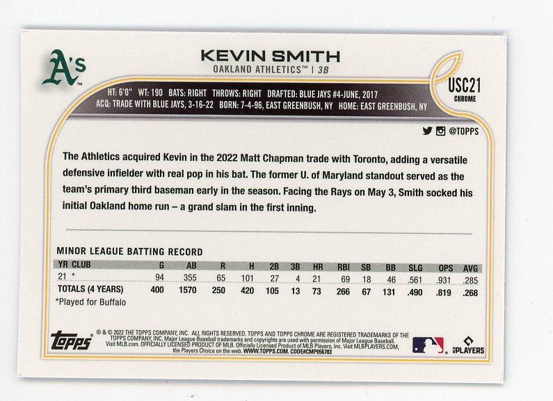2022 Kevin Smith Rookie Purple Topps Chrome Oakland Athletics # USC21