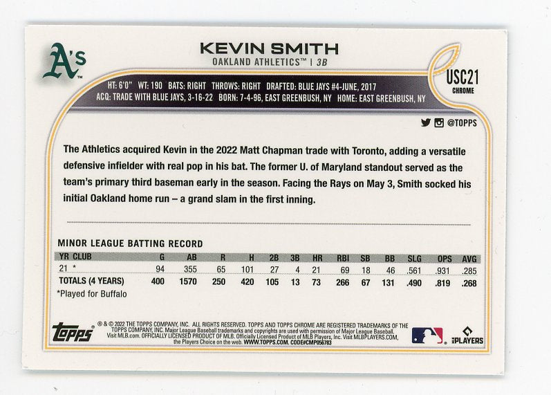 2022 Kevin Smith Rookie Topps Chrome Oakland Athletics # USC21