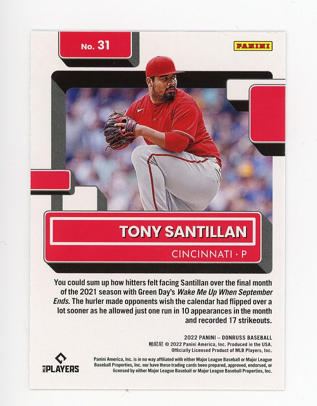 2022 Tony Santillan Rated Rookie Donruss Cincinnati Reds # 31