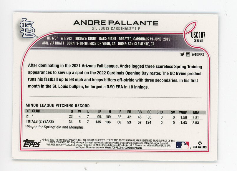 2022 Andre Pallante Rookie Topps Chrome St.Louis Cardinals # USC107